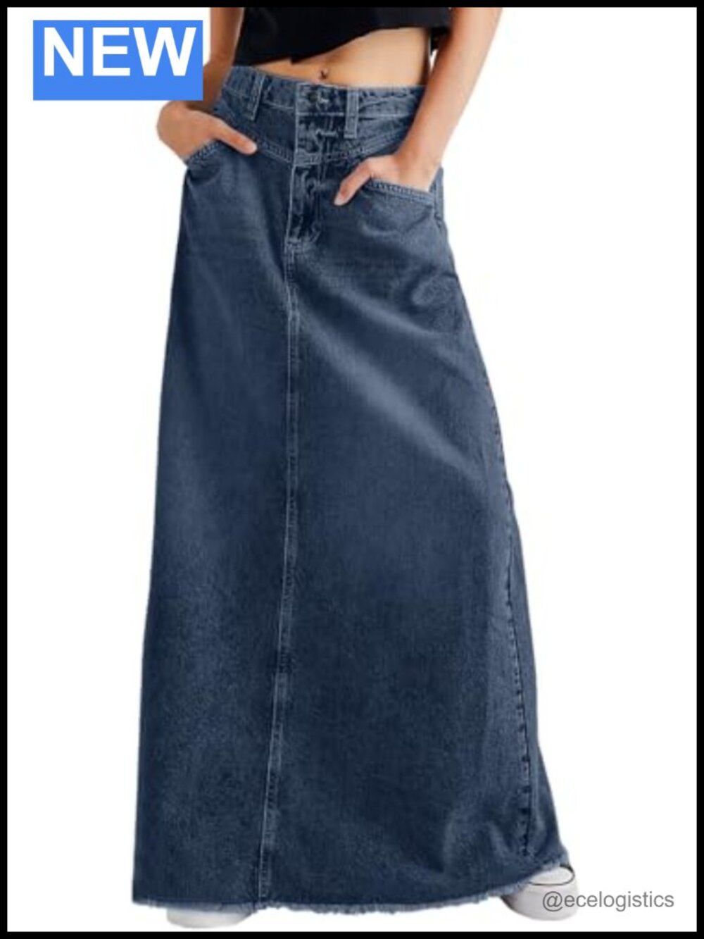 Women Vintage Denim Maxi Skirt Raw Hem High Waist A-Line Long Jean Skirt